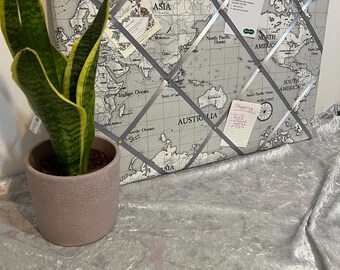 Grey Atlas World Map Lightly Padded Fabric Notice Bulletin Memo Board - Great gift to display photos, memos, letters etc - Made to order