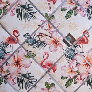 Bespoke Handcrafted Lightly Padded Fabric Notice / Memo Board made using Pink Flamingo Bird & Flowers Fabric
