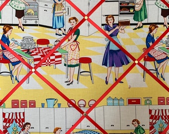 Bespoke Handcrafted Lightly Padded Fabric Notice / Memo Board made using Yellow Home Economics 1950s Housewife Kitchen Fabric