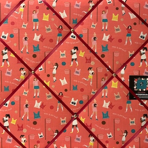 60x40cm Handcrafted Lightly Padded Fabric Notice / Memo Board made using Pink Netball Team Fabric