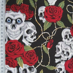 Skulls Roses Thorns Black Red 100% Cotton Fabric 54" By The Metre FREE DELIVERY