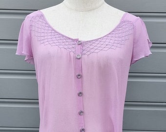 Flutter sleeve vintage SPORTS GIRL brand 100% silk top with embroidery detail