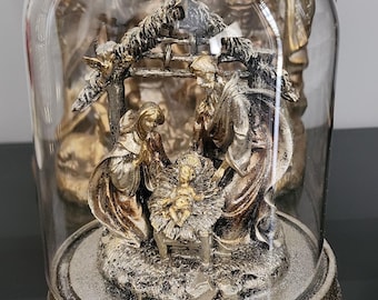 Antique Gold Nativity creche scene, gold glass cloche, Christmas decoration
