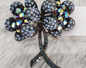 Vintage Iridescent Rhinestone Flower Brooch – Antique Silver Tone