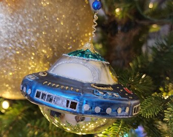 Decorazione per albero di Natale a forma di astronave blu e argento, decorazione per bambini a forma di disco volante, in vetro