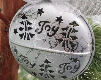 3 adornos navideños plateados, adorno metálico con la palabra "Joy", decoración para el árbol, juego de 3