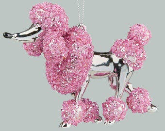 Pink, silver poodle dog christmas ornament hanging tree decoration