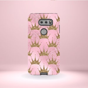 LG Gold Glitter Crown Pink Phone Cover Tough Case, G7, G6, G5, and V30