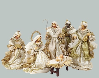Gold and Silver Holy Family Nativity Creche Set | Cream Gold and Silver white Christmas Manger Scene | Resin Figurines | Holiday Decor Gift