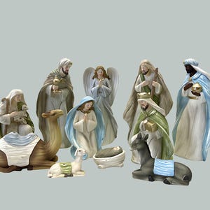 Blue Theme Holy Family Nativity Creche Set Decoration | Holy Family Figurines Nativity Creche Scene | Christmas Holy Family Nativity Set