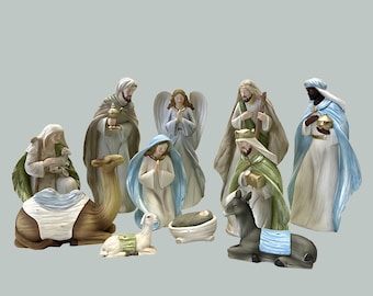 Blue Theme Holy Family Nativity Creche Set Decoration | Holy Family Figurines Nativity Creche Scene | Christmas Holy Family Nativity Set