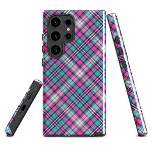 Samsung Tough Case Pink, Aqua Plaid, Check Tartan Pattern Phone Case