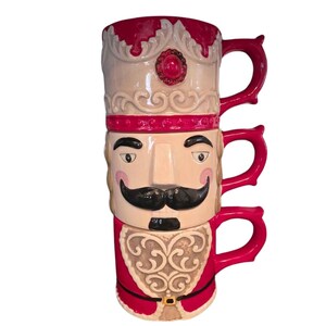 Christmas Nutcracker Ceramic Mug Set | 3 Stackable Holiday Coffee Cup Tower| Christmas Ceramic Mugs Tower Gift Decor