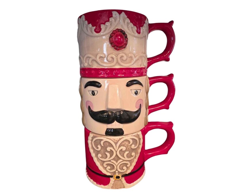 Christmas Nutcracker Ceramic Mug Set | 3 Stackable Holiday Coffee Cup Tower| Christmas Ceramic Mugs Tower Gift Decor