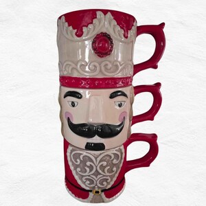 Christmas Nutcracker Ceramic Mug Set | 3 Stackable Holiday Coffee Cup Tower| Christmas Ceramic Mugs Tower Gift Decor