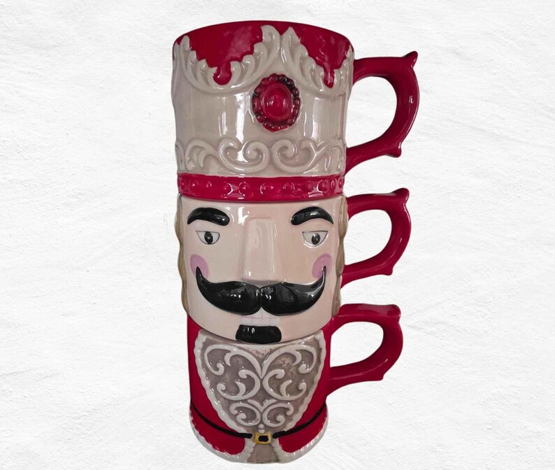 Christmas Nutcracker Ceramic Mug Set | 3 Stackable Holiday Coffee Cup Tower| Christmas Ceramic Mugs Tower Gift Decor