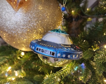 Blue & Silver Spaceship Hanging Christmas Tree Decoration Ornament Bauble Glass