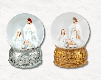 Snow Globe, Antique Gold & Silver Nativity creche scene, gold glass snow globe, Christmas decoration