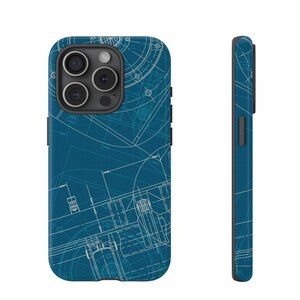 May include: A blue phone case with a white blueprint design. The case has a cutout for the camera lens.