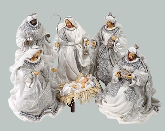 Silver & White Resin Holy Family Nativity Set | 6 Piece Christmas Creche