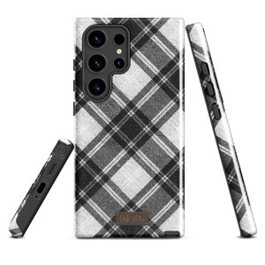 Samsung Tough Case, Vintage Monochrome Check Tartan Plaid Phone Cover