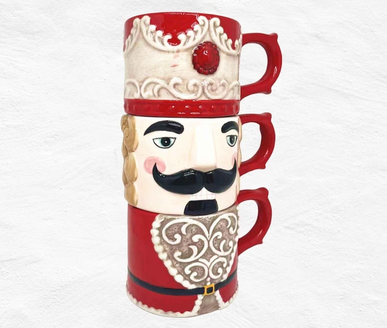 Christmas Nutcracker Ceramic Mug Set | 3 Stackable Holiday Coffee Cup Tower| Christmas Ceramic Mugs Tower Gift Decor