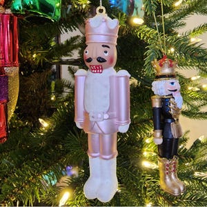 2 Pink Nutcracker Christmas Bauble, Gold Crown, Metallic Ornament (Set of 2)
