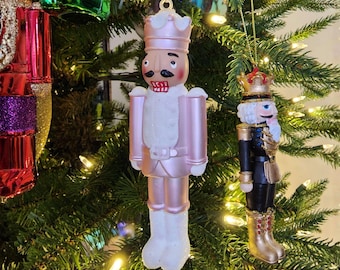 2 Pink Nutcracker Christmas Bauble, Gold Crown, Metallic Ornament (Set of 2)