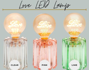 Lampada a LED in vetro Art Déco con scritta Love / Insegna al neon rosa, divertente decorazione da tavolo