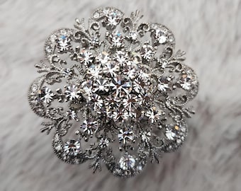 Könnte beinhalten: Aufwendige silberfarbene Brosche mit floralem Design. Sie ist mit zahlreichen klaren, funkelnden Kristallen besetzt, die einen schillernden Effekt erzeugen. Die filigrane Metallarbeit bildet ein detailliertes, symmetrisches Muster, ideal für einen Hauch von Eleganz.