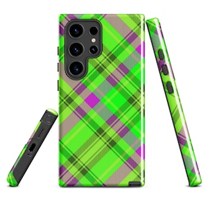 Samsung Tough Case Lime Green Plaid, Check Tartan Pattern Phone Case