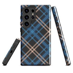 Samsung Tough Case Black, Blue Plaid, Check Tartan Pattern Phone Case