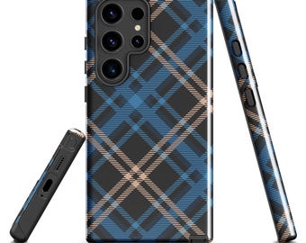 Samsung Tough Case Schwarz, Blau Kariert, Karo Tartan-Muster Handyhülle