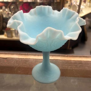 Blue Satin Glass Fenton Vase ~ Lettuce Edging