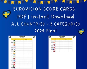 Eurovision Score Cards | Eurovision Game | Printable Eurovision Song Contest Score Sheets | Party Games | PDF Instant Download | 2024 Final