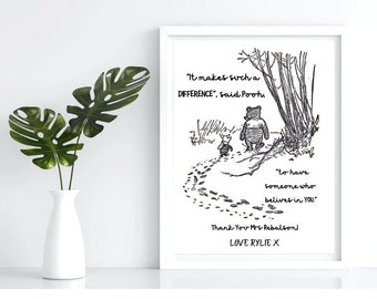 Gepersonaliseerd leraarscadeau, bedankje, het maakt zo'n verschil, vintage stijl Winnie de Poeh, leraar waardering, afdrukbaar cadeau