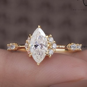 Vintage Marquise Moissanite Engagement Ring, Art Deco Floral Starburst, 14K Gold