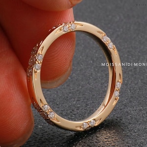 Colorless Round Moissanite Wedding Band Bridal Matching Eternity Band 14K Gold Unique Band For Women Moissanite Promise Ring Gift