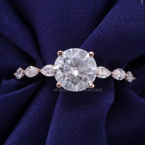 2 CT Round Moissanite Engagement Ring, Round Cut with Marquise Accents Engagement Ring, Gift for Her, Delicate Rose Gold Round Wedding Ring