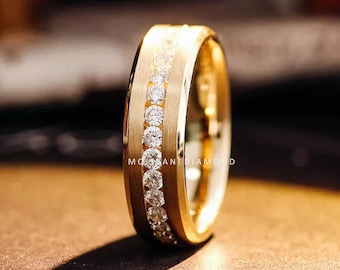 14K Gold Men's Moissanite Diamond Wedding Band, Channel Set Wedding Ring