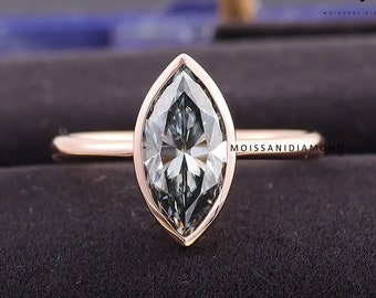 2CT Marquise Cut Grauer Moissanite Verlobungsring, 14K Rose Gold Ring, Lünette Set Verlobungsring für Frauen, Hochzeitsjubiläum Ring für Sie
