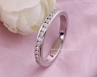 Moissanite Wedding Band, White Gold Channel Set Ring, Anniversary Gift
