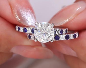 2CT Round Cut Moissanite Engagement Ring Set Unique White Gold Bridal Ring Set Alternate Blue Sapphire & Moissanite Wedding Stacking Band