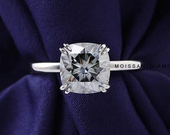 3 CT Grey Cushion Cut Moissanite Engagement Ring, 14K Solid Gold Ring, Unique Solitaire Wedding Ring, Double Prong Handmade Proposal Ring