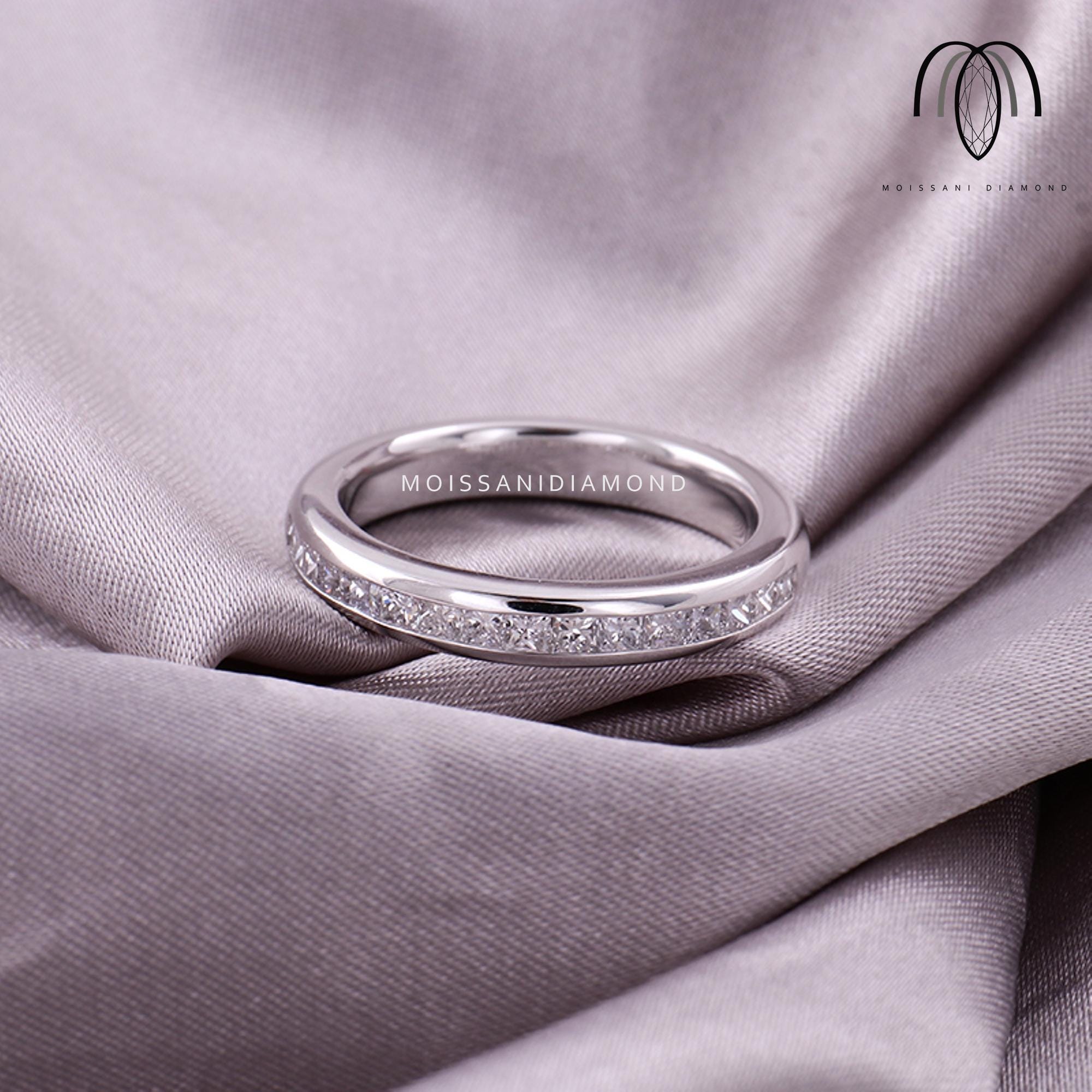 14K White Gold Channel Set Moissanite Wedding Band, Princess Cut Half ...
