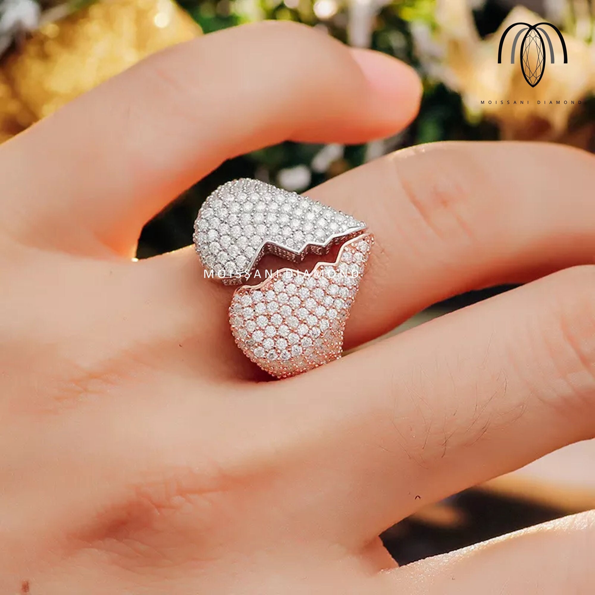 Broken Heart Moissanite Ring for Men Sterling Silver Men Hip Hop