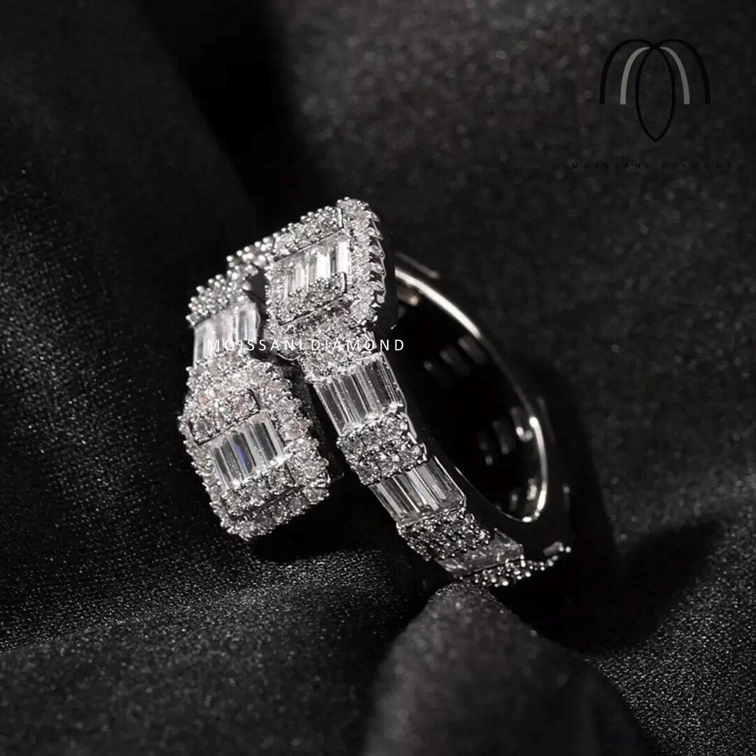 Baugette Rapper Ring Iced Out Baguette Moissanite Ring, Silver Hip Hop Ring, Open Wrap Bling ...