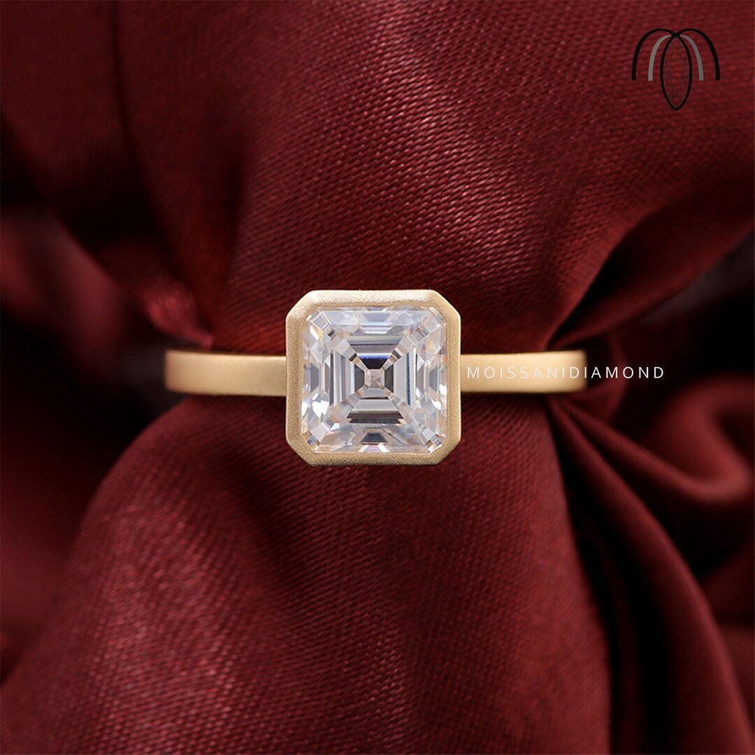 Asscher Cut Moissanite Bezel Set Engagement Ring Yellow Gold - Etsy