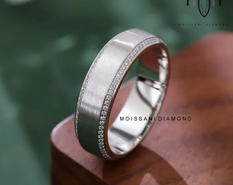Men's Colorless Moissanite Wedding Band, Matte White Gold, Beveled Edge