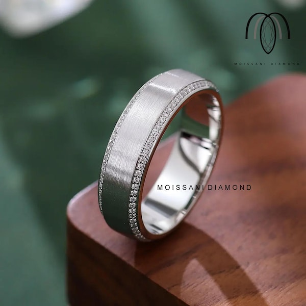 Men's Colorless Moissanite Wedding Band, Matte White Gold, Beveled Edge